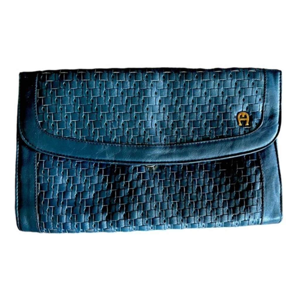 Vintage Etienne Aigner Navy Blue Woven Leather Clutch Bag Envelope Clutch